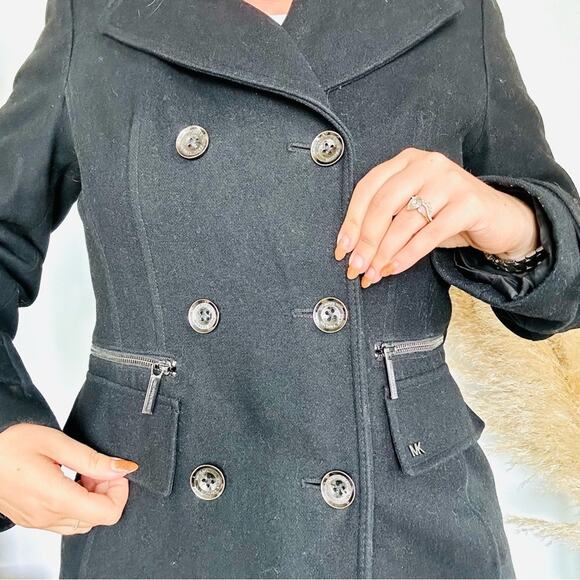 MK MICHAEL KORS Black Wool Button Front Zipper Pockets Classic Jacket Pea Coat M - Picture 6 of 16